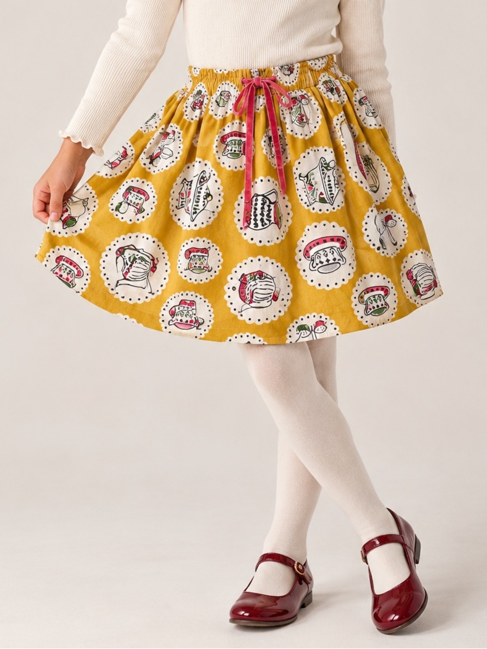 Mini Boden Tea Party Print Skirt Mustard Yellow Pink Girls 6-7Y